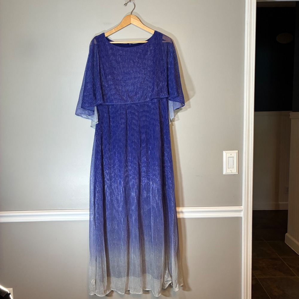 Danny and Nicole Blue Ombre Metallic Pleated Capelet Maxi Dress Plus Size 18